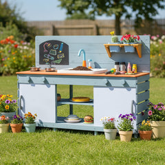 Kids Play Kitchen Set with Chalkboard and Faucet and Sink-Blue