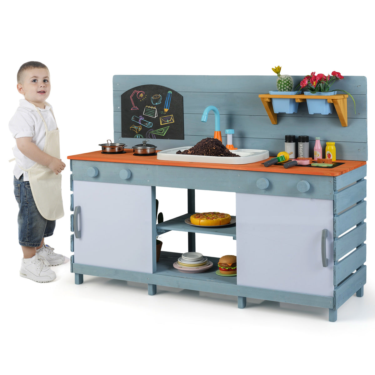 Kids Play Kitchen Set with Chalkboard and Faucet and Sink-Blue