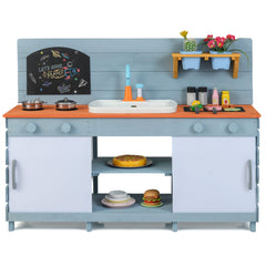 Kids Play Kitchen Set with Chalkboard and Faucet and Sink-Blue