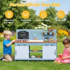 Kids Play Kitchen Set with Chalkboard and Faucet and Sink-Blue