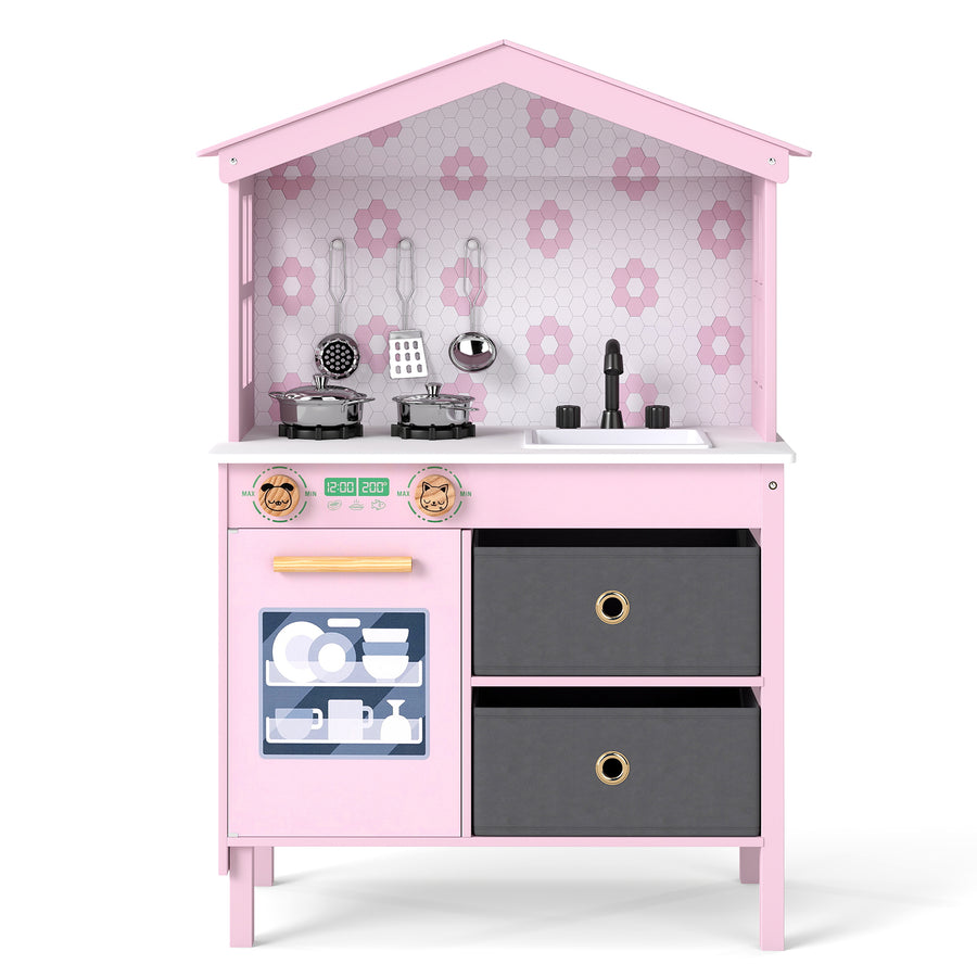 Kids Play Kitchen with 2 Stoves and Drawers and Dishwasher-Pink
