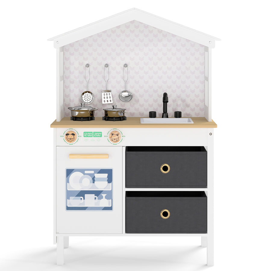 Kids Play Kitchen with 2 Stoves and Drawers and Dishwasher-White