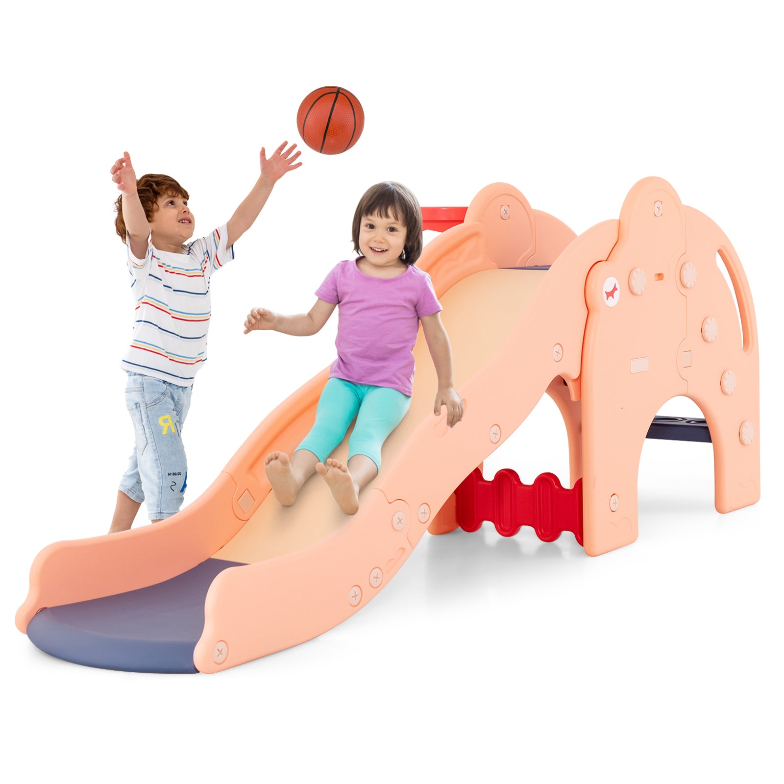 Kids Play Slide with Cute Elephant Shape and Basketball Hoop-Pink