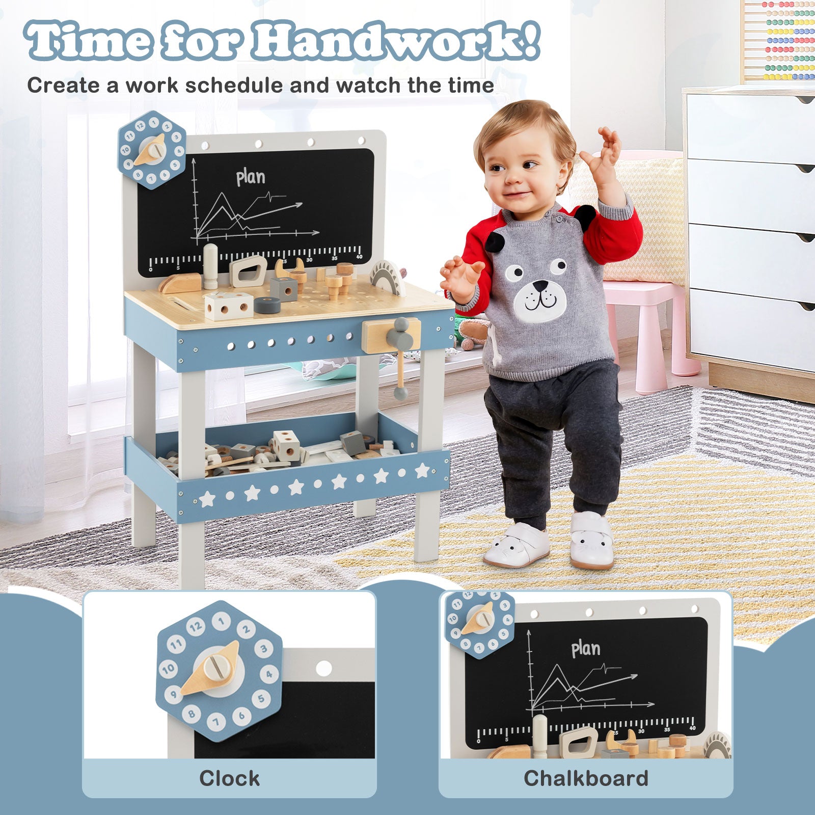 Kids Wooden Play Workbench with Blackboard and Tool Parts Set-Blue