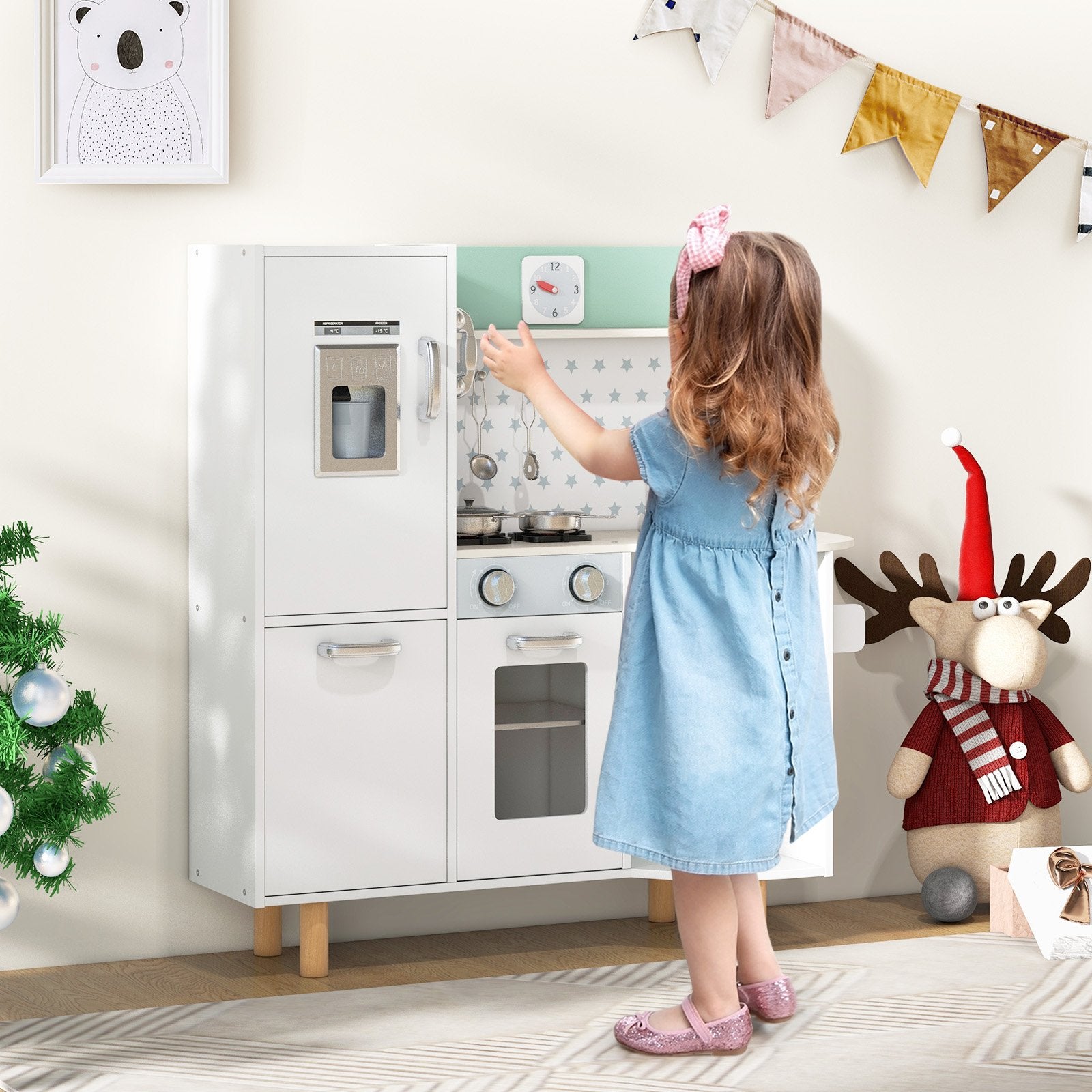 Kids Pretend Kitchen Playset with Stove and Ice Maker-Green
