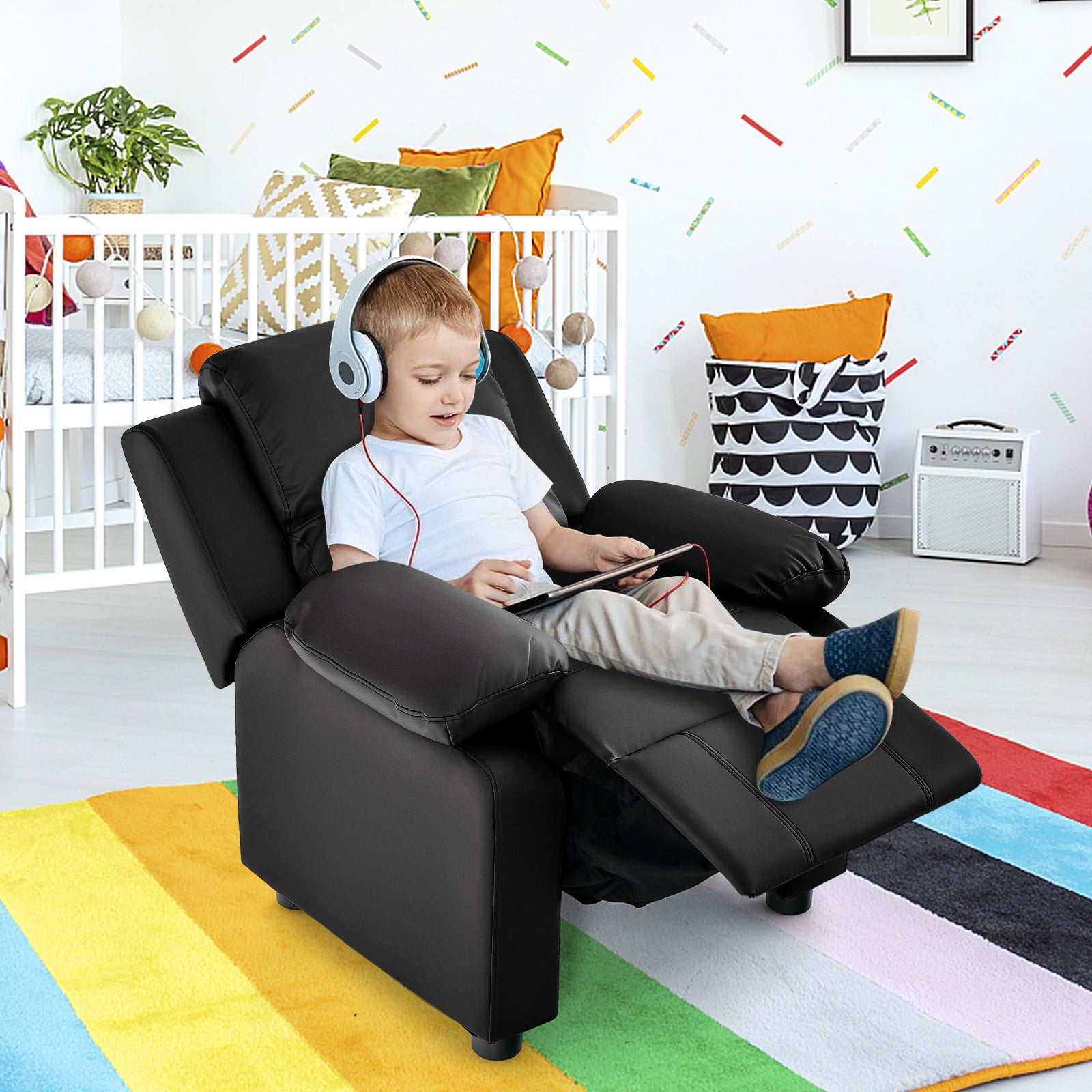 Kids Recliner Chair with Adjustable Backrest and Footrest-Black