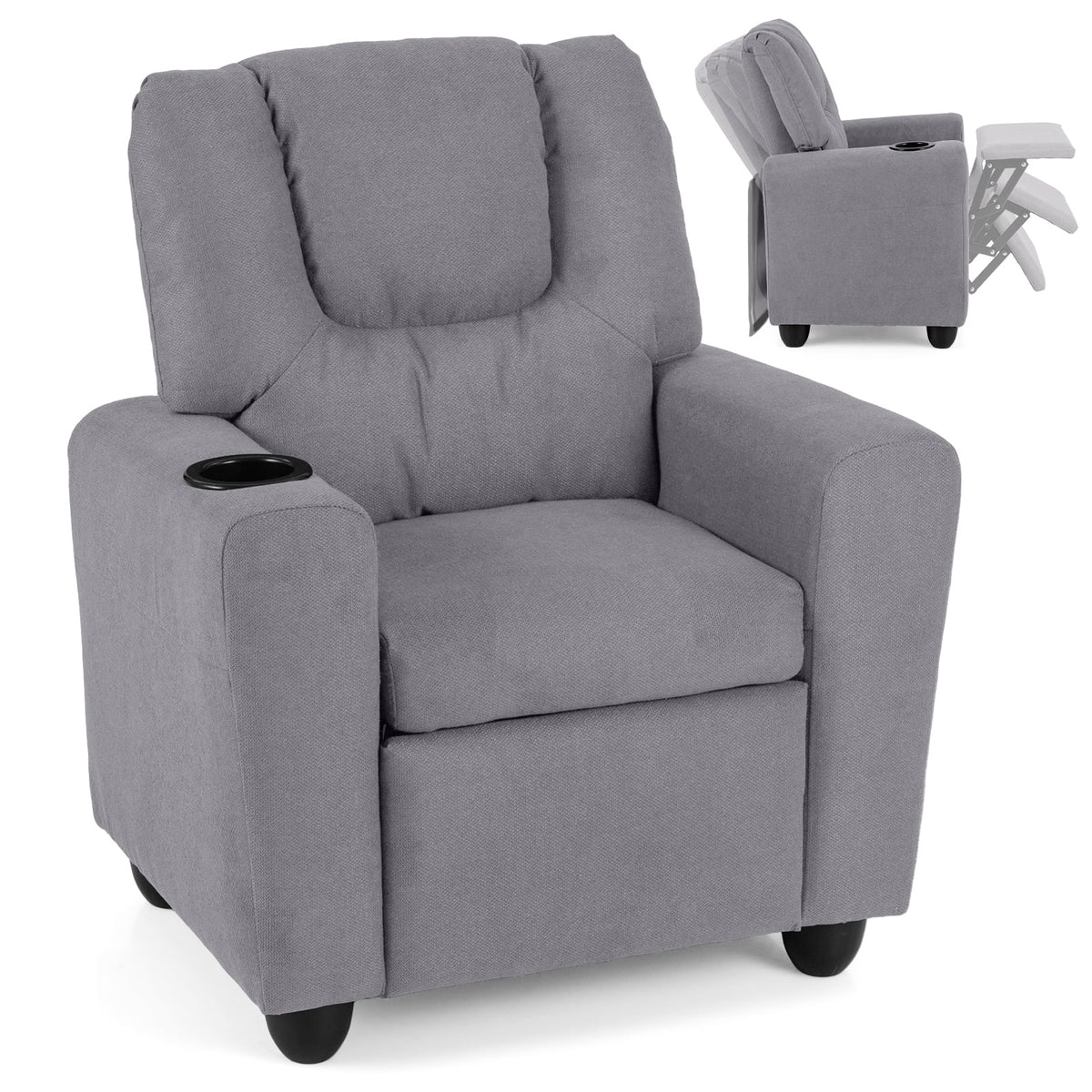 Kids Recliner with Cup Holder PU Leather Kids Reclining Chair-Grey