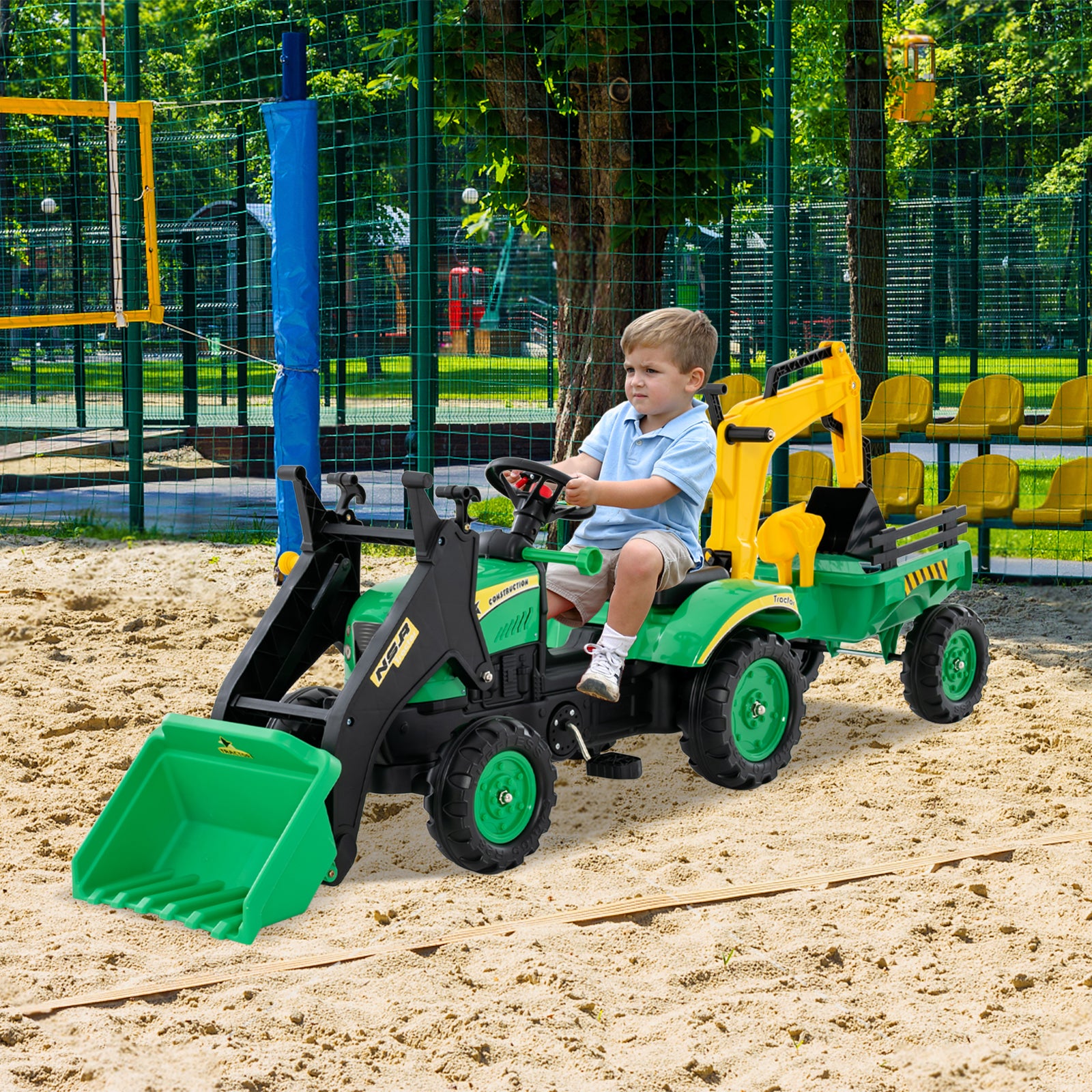 3-in-1 Kids Ride On Pedal Excavator with Detachable Trailer-Green