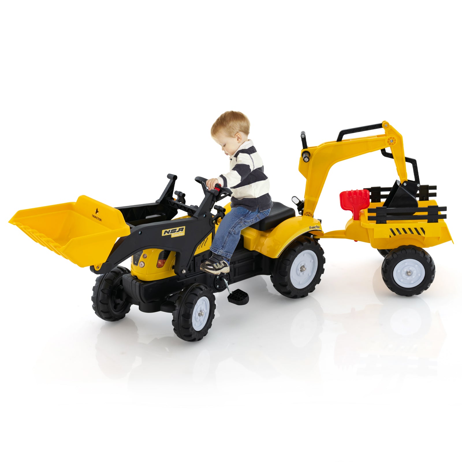 3-in-1 Kids Ride On Pedal Excavator with Detachable Trailer-Yellow