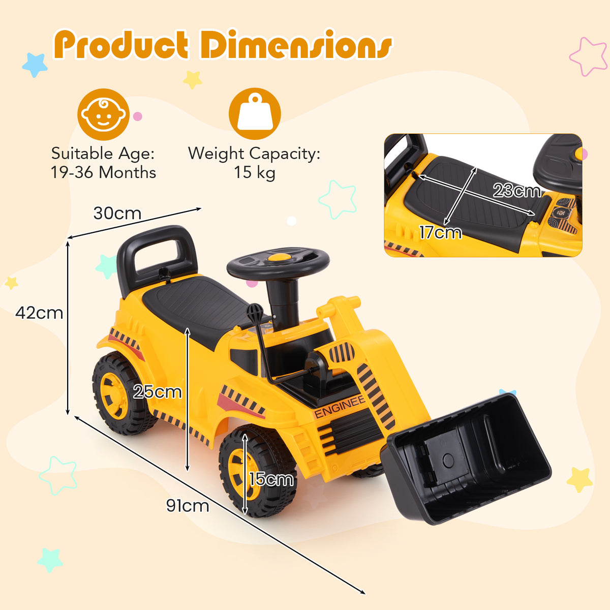 Kids Ride on Excavator Bulldozer with Adjustable Front Bucket-Yellow