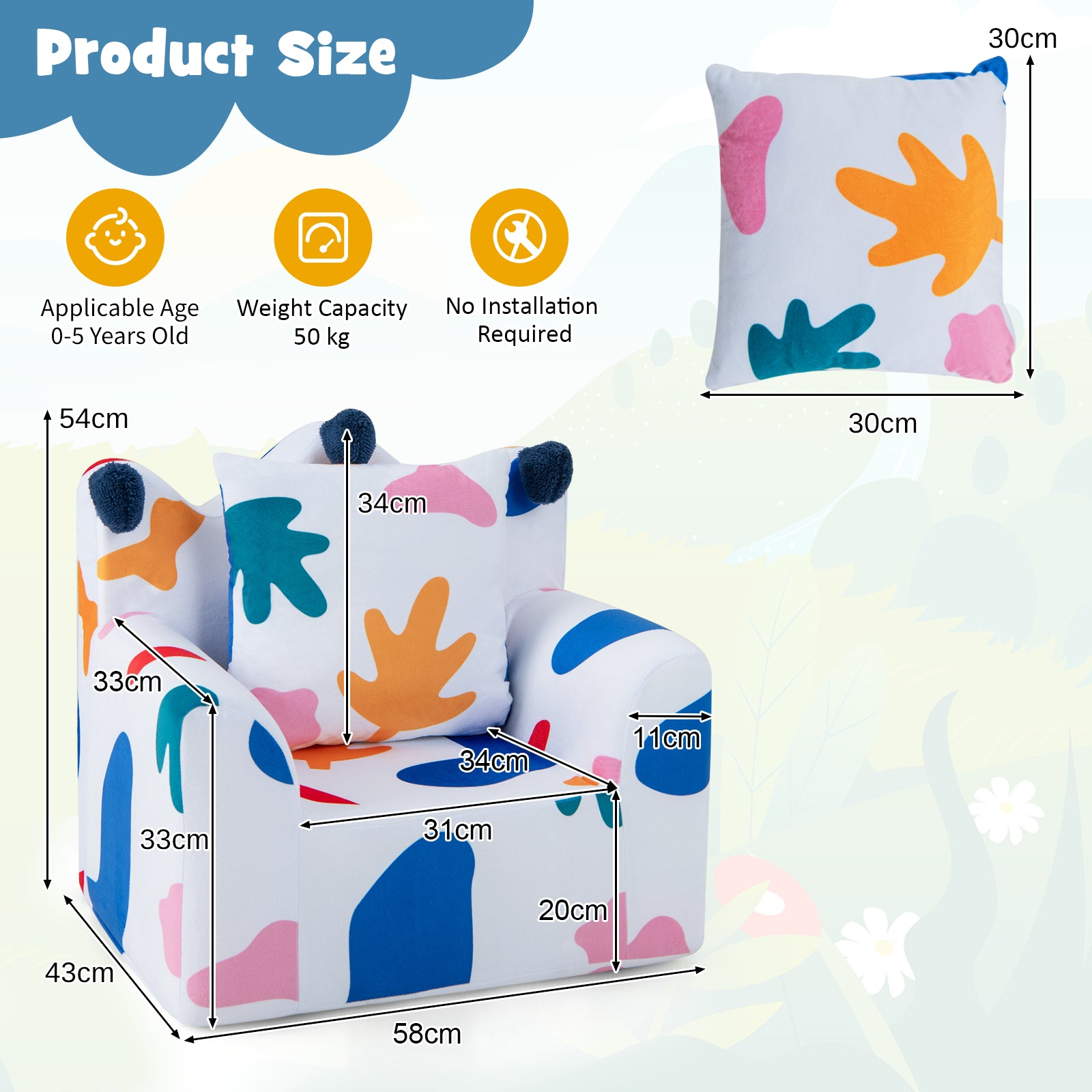 Kids Sofa Chair Foam Filled Armchair with Extra Padded Pillow-White