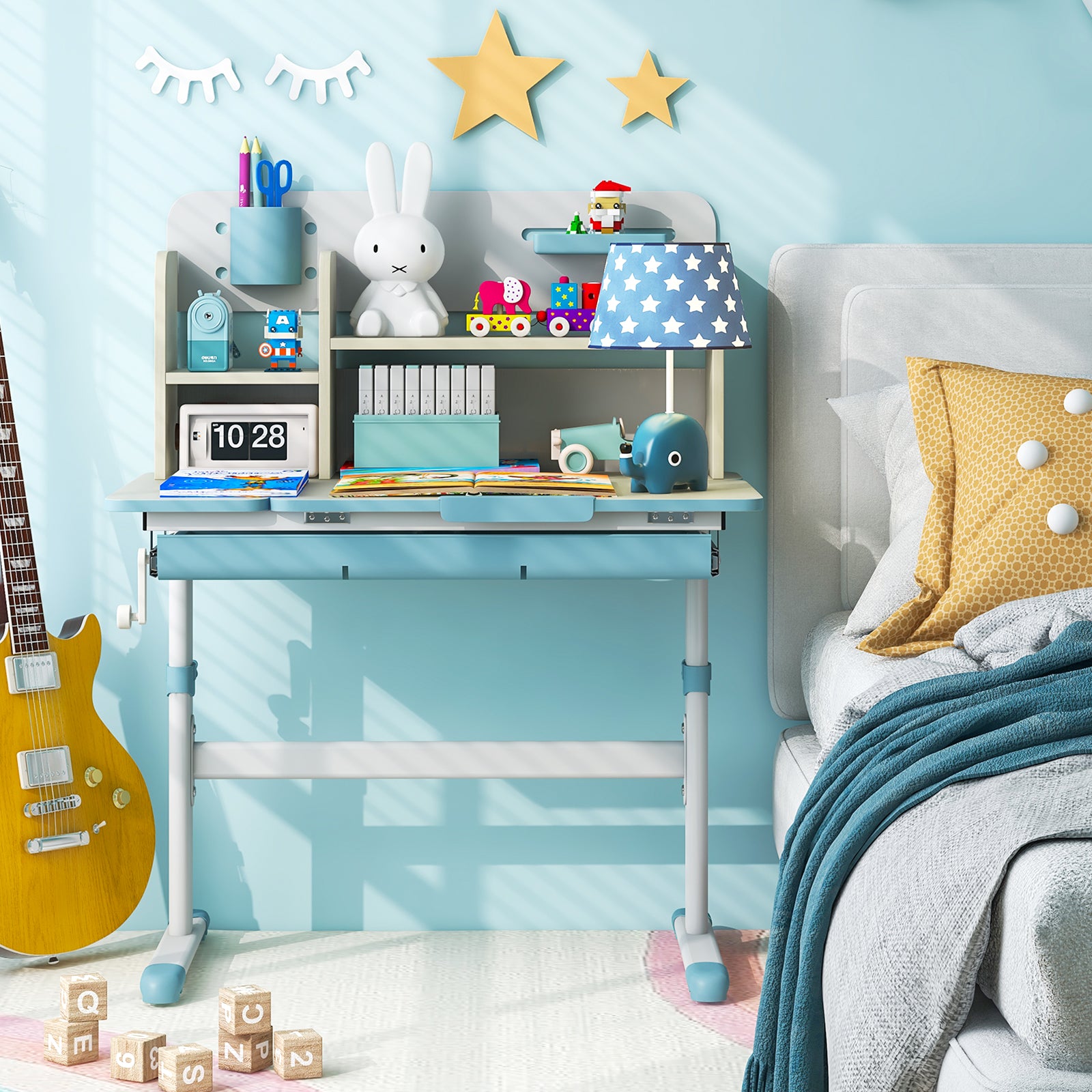 Kids Study Desk Height Adjustable Children Writing Table with Tilt Desktop-Blue