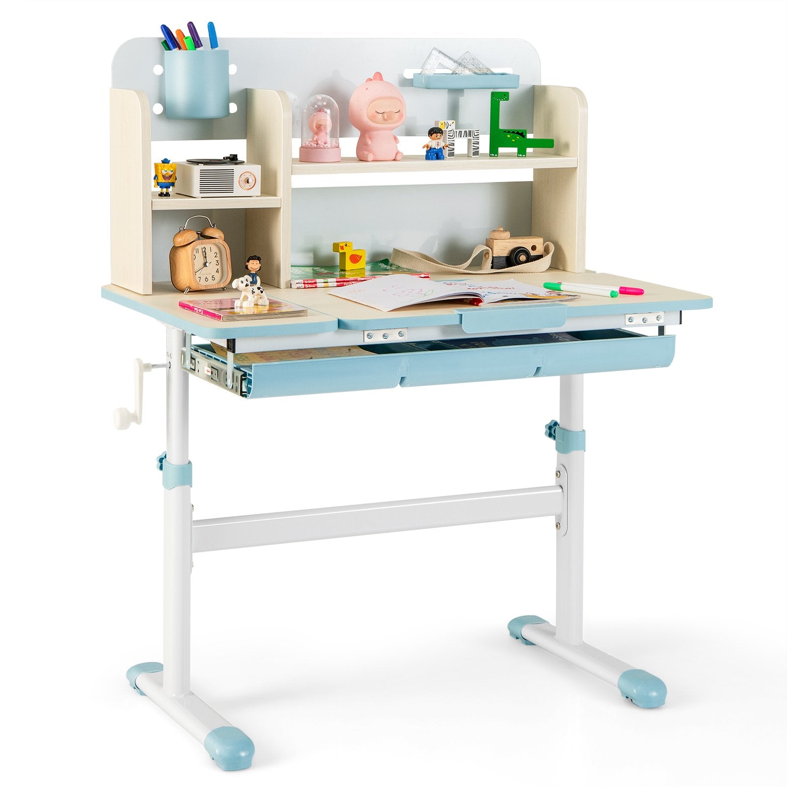 Kids Study Desk Height Adjustable Children Writing Table with Tilt Desktop-Blue