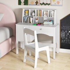 Kids Study Desk and Chair Set with Hutch and Storage Cabinet-White
