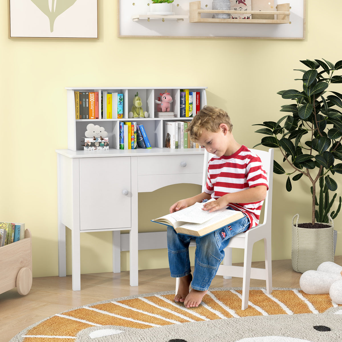 Kids Study Desk and Chair Set with Hutch and Storage Cabinet-White