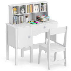 Kids Study Desk and Chair Set with Hutch and Storage Cabinet-White