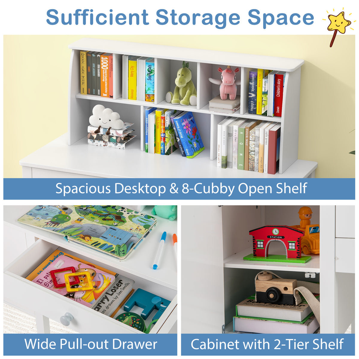 Kids Study Desk and Chair Set with Hutch and Storage Cabinet-White