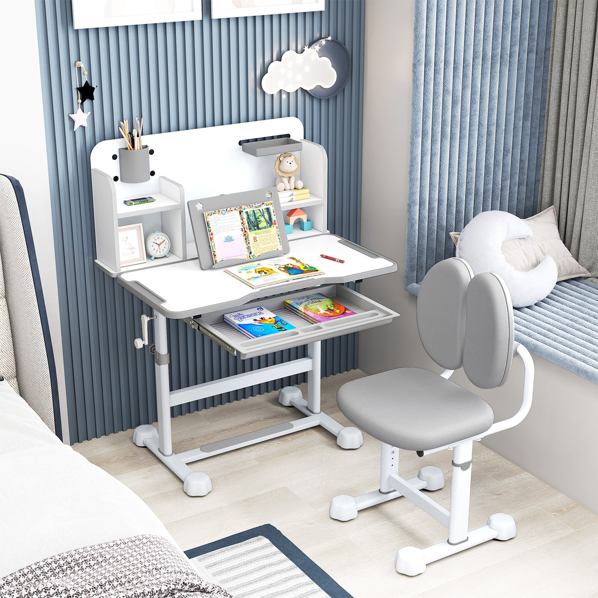 Kid's Study Desk and Chair Set with Tilt Desktop and Footrest Bar-Grey