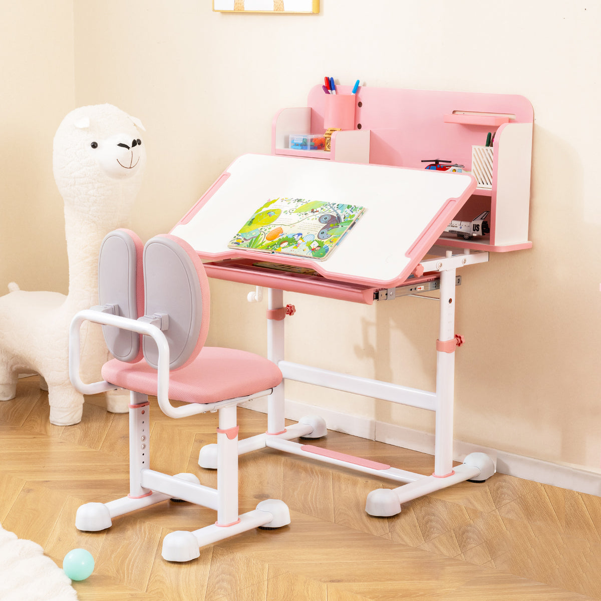 Kid's Study Desk and Chair Set with Tilt Desktop and Footrest Bar-Pink