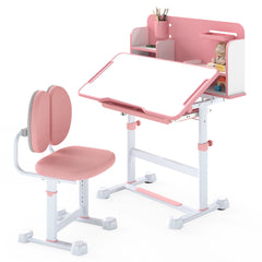 Kid's Study Desk and Chair Set with Tilt Desktop and Footrest Bar-Pink