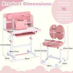 Kid's Study Desk and Chair Set with Tilt Desktop and Footrest Bar-Pink