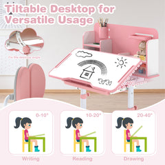 Kid's Study Desk and Chair Set with Tilt Desktop and Footrest Bar-Pink