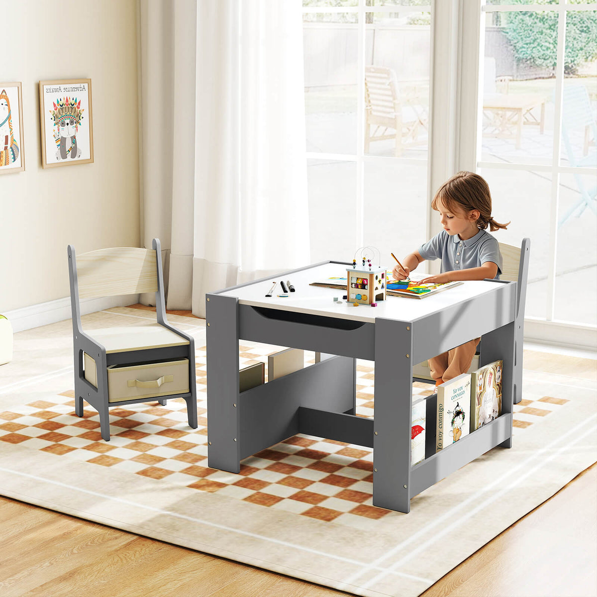4 in 1 Kids Table and Chairs Set with Reversible Tabletop and Bookshelves-Dark Grey