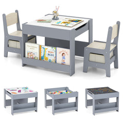 4 in 1 Kids Table and Chairs Set with Reversible Tabletop and Bookshelves-Dark Grey