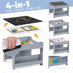 4 in 1 Kids Table and Chairs Set with Reversible Tabletop and Bookshelves-Dark Grey