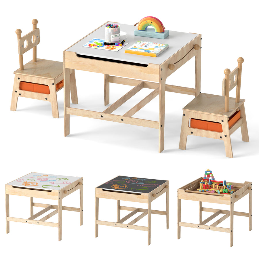 Kids Table and Chairs 4 in 1 Wooden Activity Desk Set (Robot Shape)-Natural