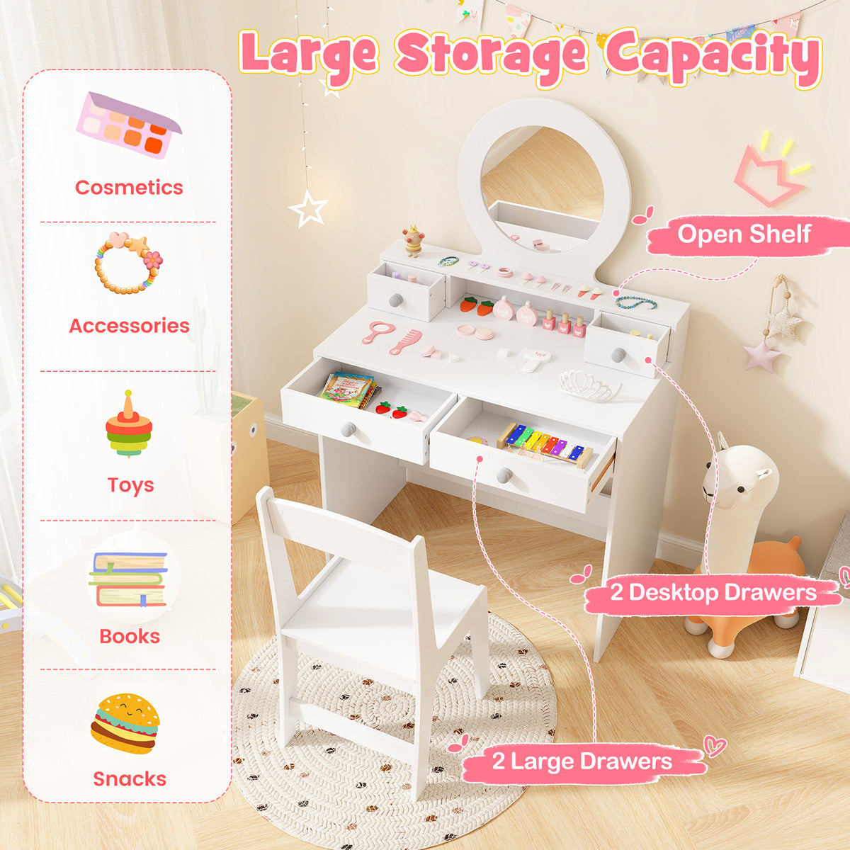 Kids Vanity Set with Open Shelf and 4 Storage Drawers-White