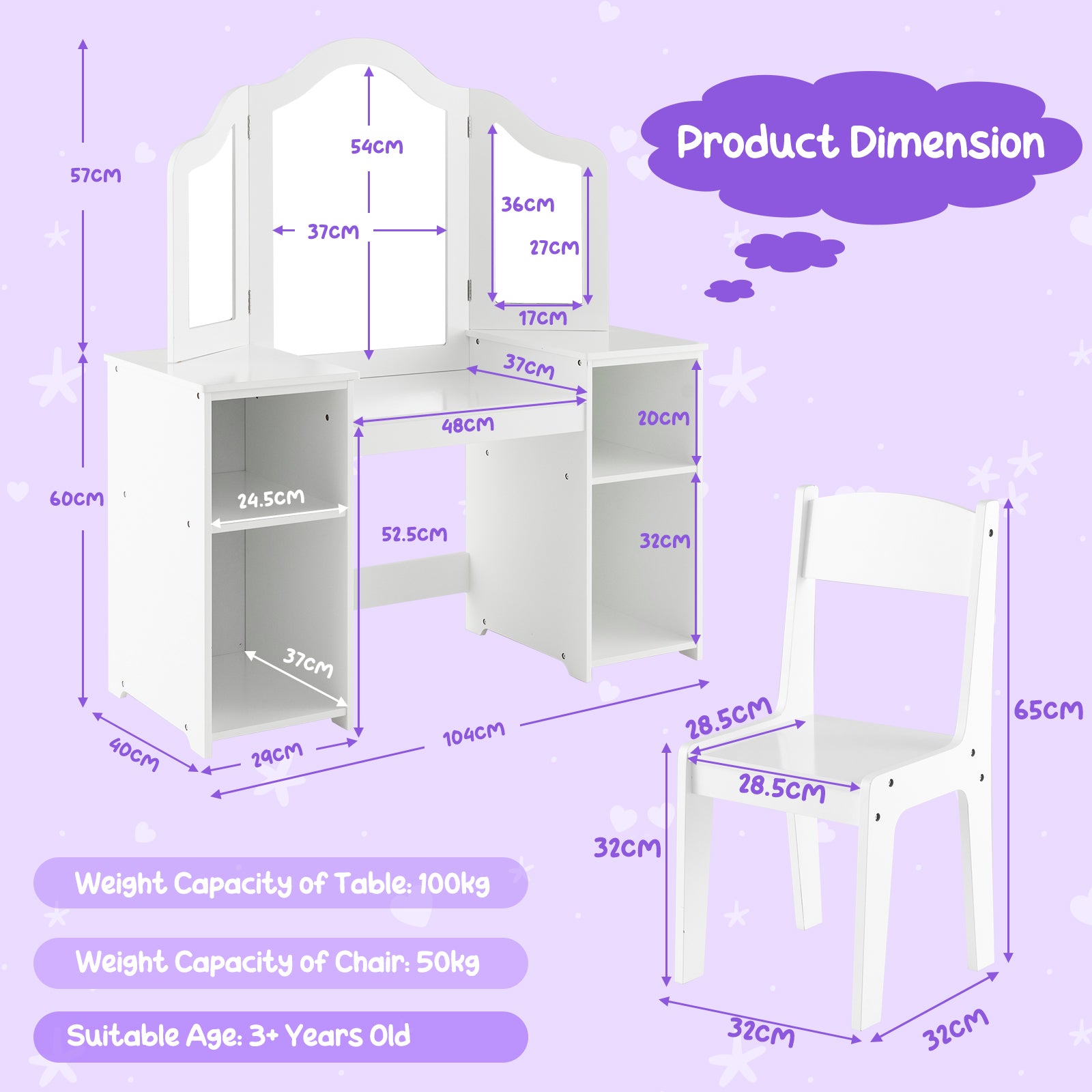 Kids Vanity Set with Tri-Folding Detachable Mirror-White