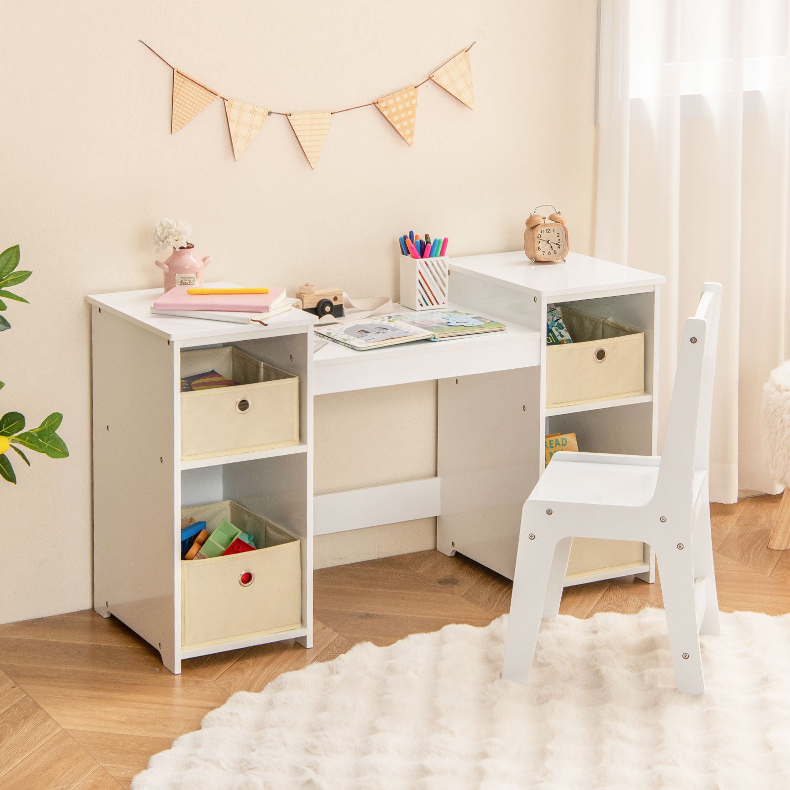Kids Vanity Table and Chair Set with 3 Removable Mirrors and 4 Storage Bins for Children-White