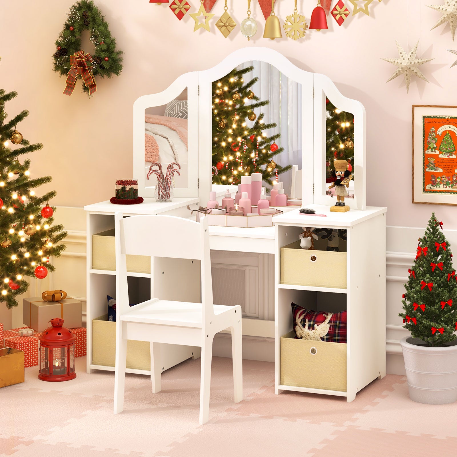 Kids Vanity Table and Chair Set with 3 Removable Mirrors and 4 Storage Bins for Children-White