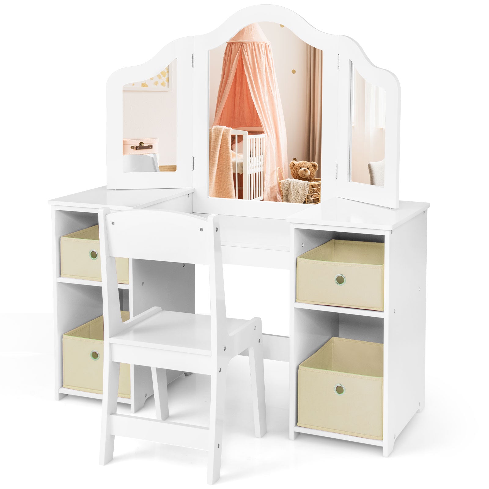 Kids Vanity Table and Chair Set with 3 Removable Mirrors and 4 Storage Bins for Children-White