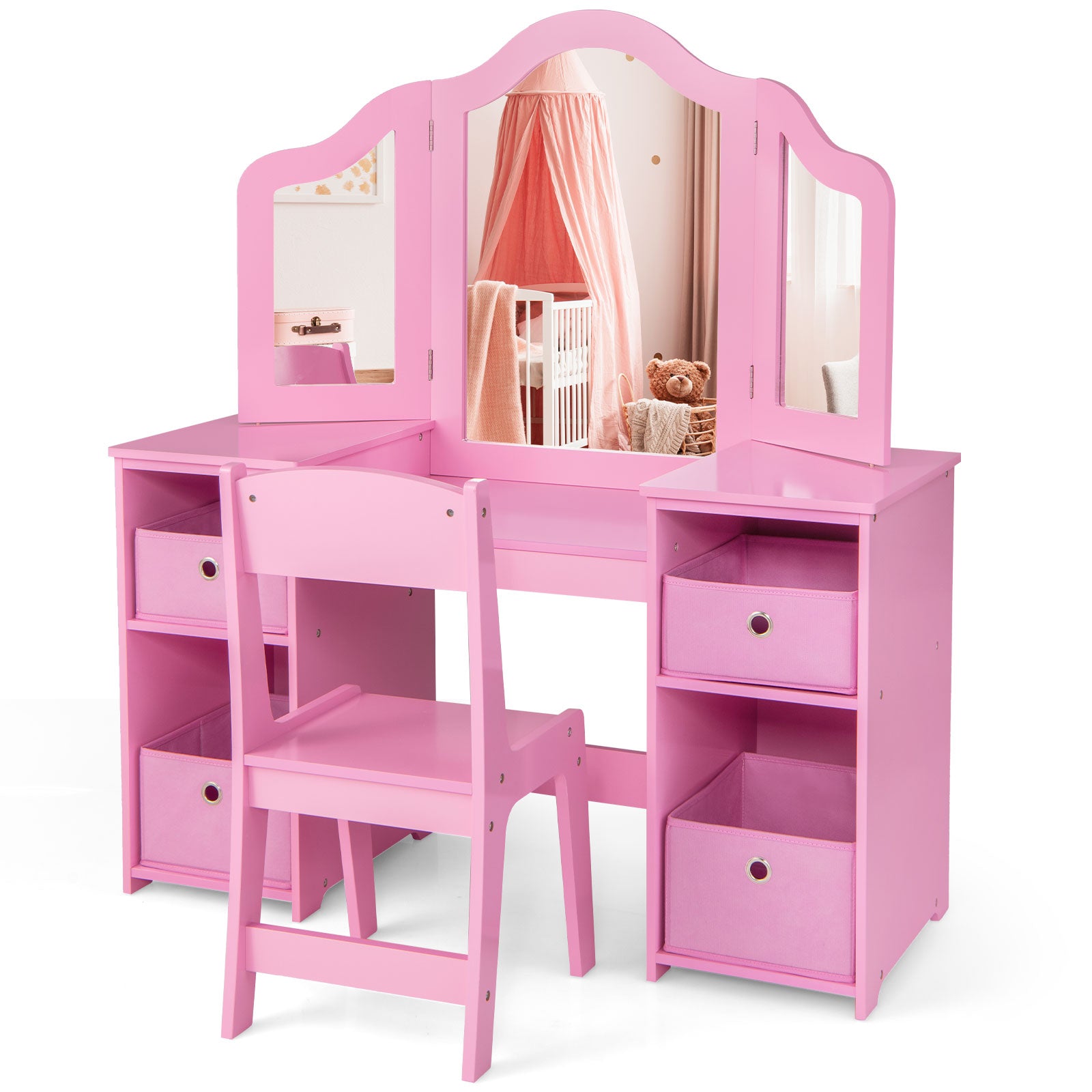 Kids Vanity Table and Chair Set with 3 Removable Mirrors and 4 Storage Bins for Children-Pink