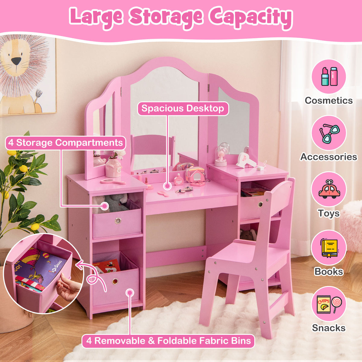 Kids Vanity Table and Chair Set with 3 Removable Mirrors and 4 Storage Bins for Children-Pink