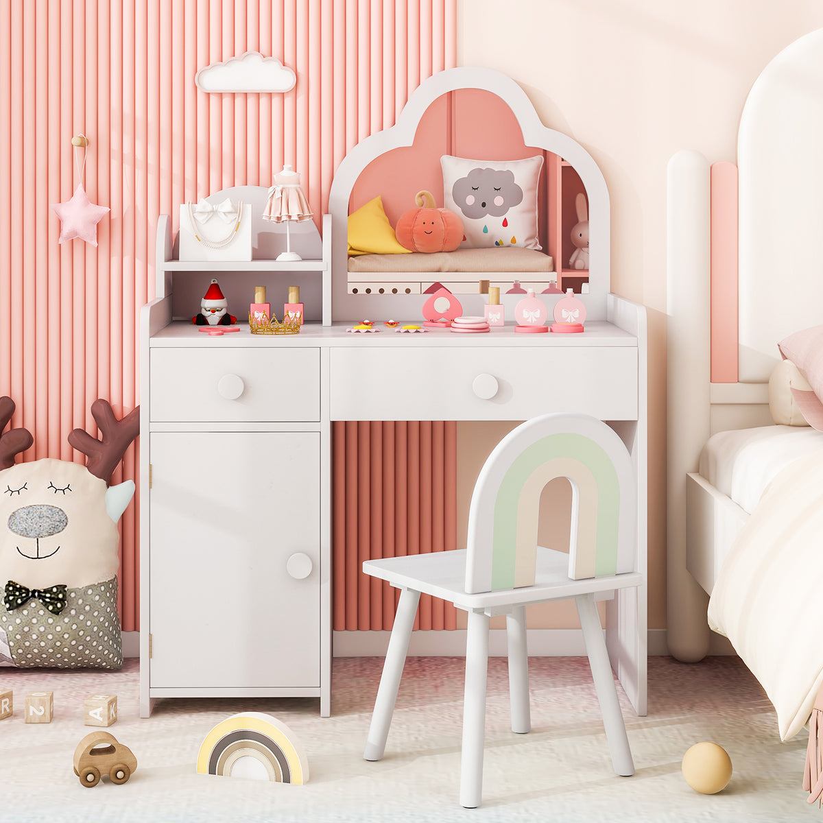 Kids Vanity Table and Chair Set with Cloud-shaped Mirror and Shelf Drawers-White