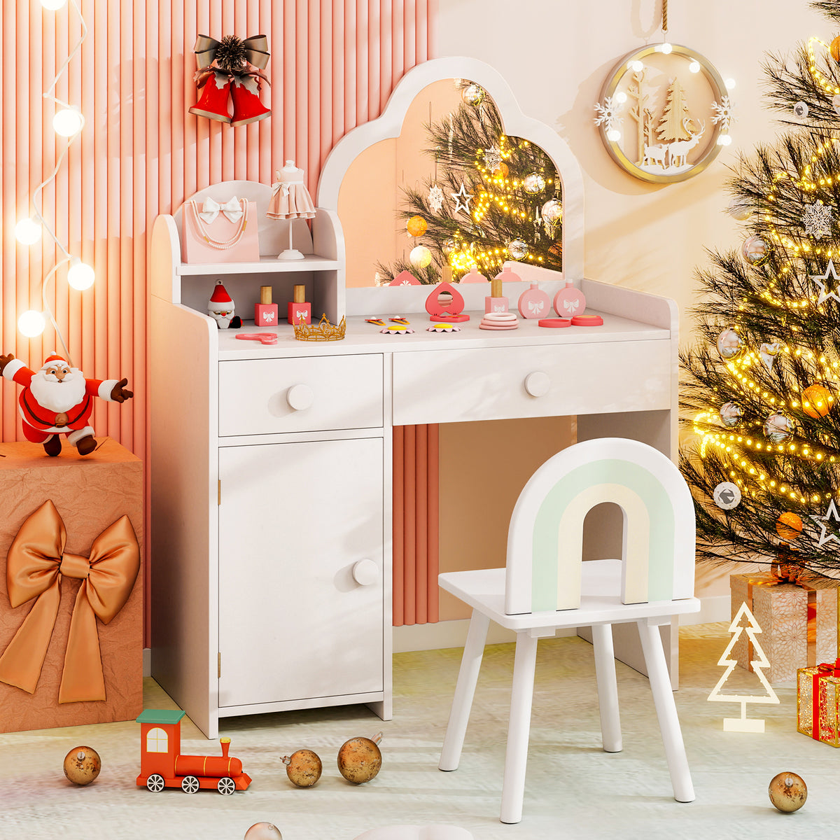 Kids Vanity Table and Chair Set with Cloud-shaped Mirror and Shelf Drawers-White