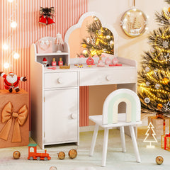 Kids Vanity Table and Chair Set with Cloud-shaped Mirror and Shelf Drawers-White