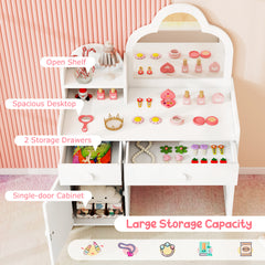Kids Vanity Table and Chair Set with Cloud-shaped Mirror and Shelf Drawers-White