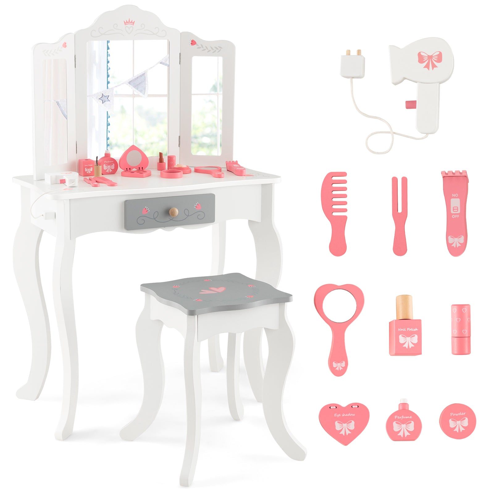Kids Vanity Table and Stool with Detachable Tri-Fold Mirror and Cute Accessories-White