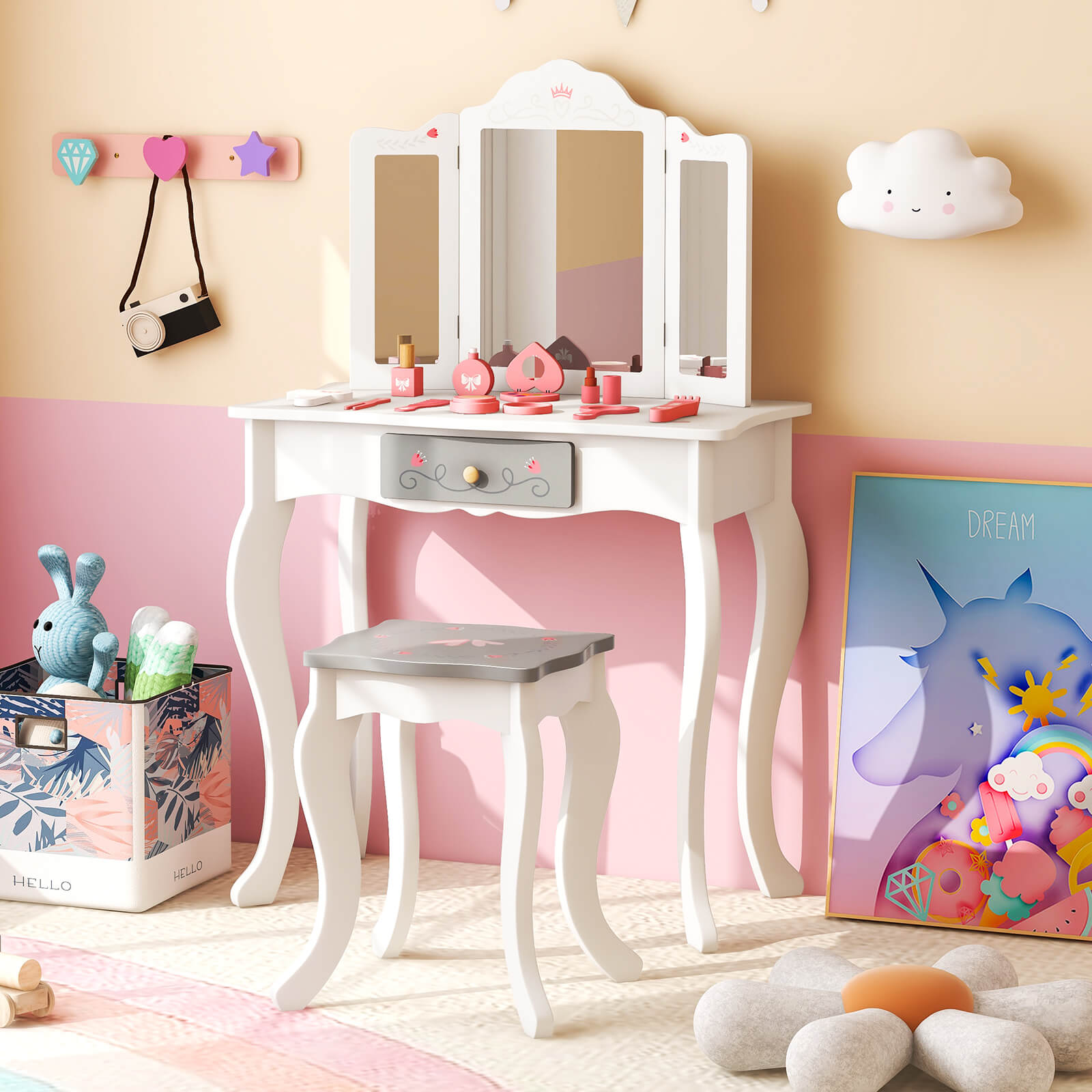 Kids Vanity Table and Stool with Detachable Tri-Fold Mirror and Cute Accessories-White