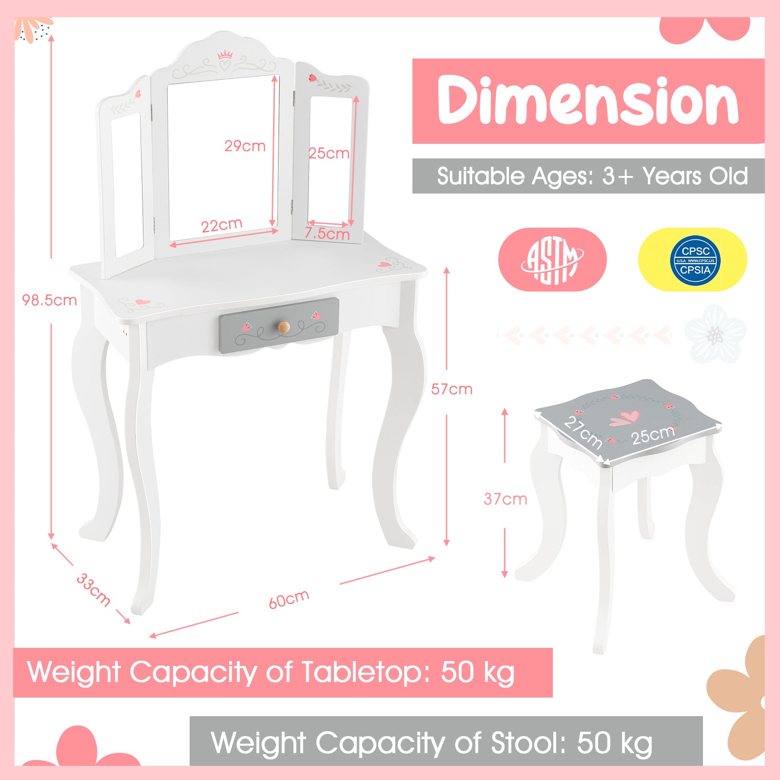 Kids Vanity Table and Stool with Detachable Tri-Fold Mirror and Cute Accessories-White
