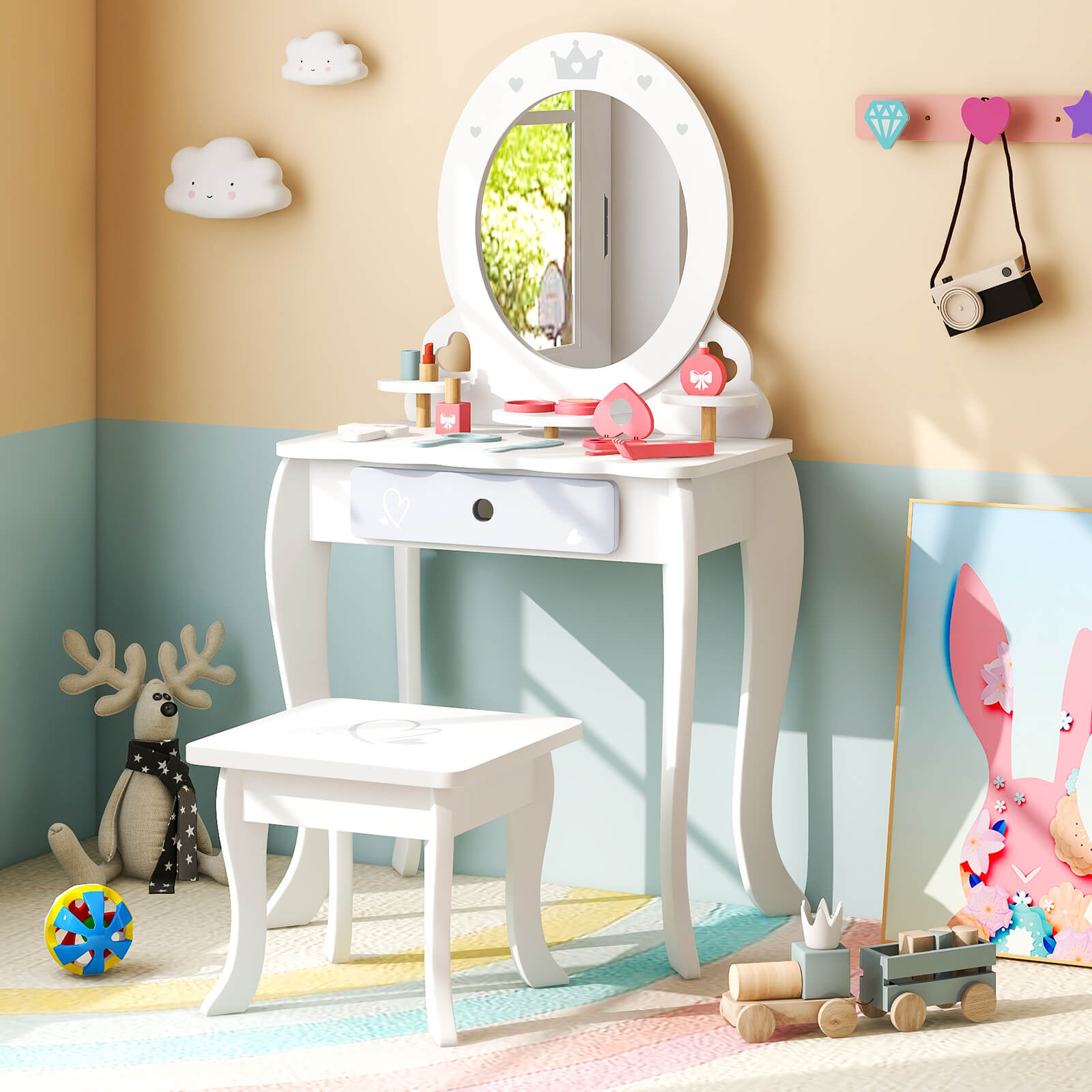Kids Vanity Table and Stool with Mirror and 3 Shelves-White