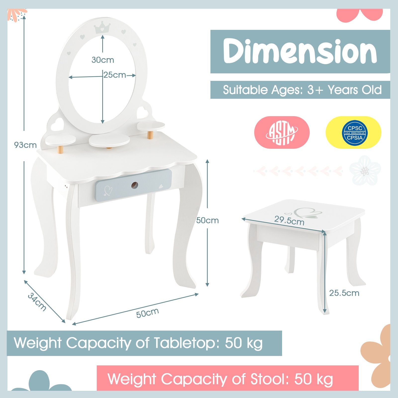 Kids Vanity Table and Stool with Mirror and 3 Shelves-White