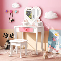 Kids Vanity Table and Stool with Removable Mirror and Drawer-White
