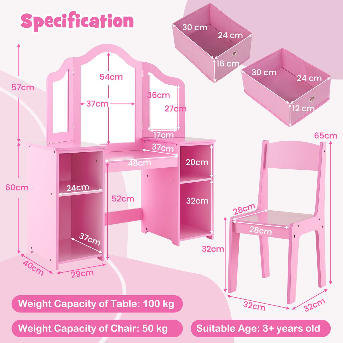 Kids Vanity Table and Chair Set with 3 Removable Mirrors and 4 Storage Bins for Children-Pink