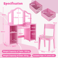 Kids Vanity Table and Chair Set with 3 Removable Mirrors and 4 Storage Bins for Children-Pink