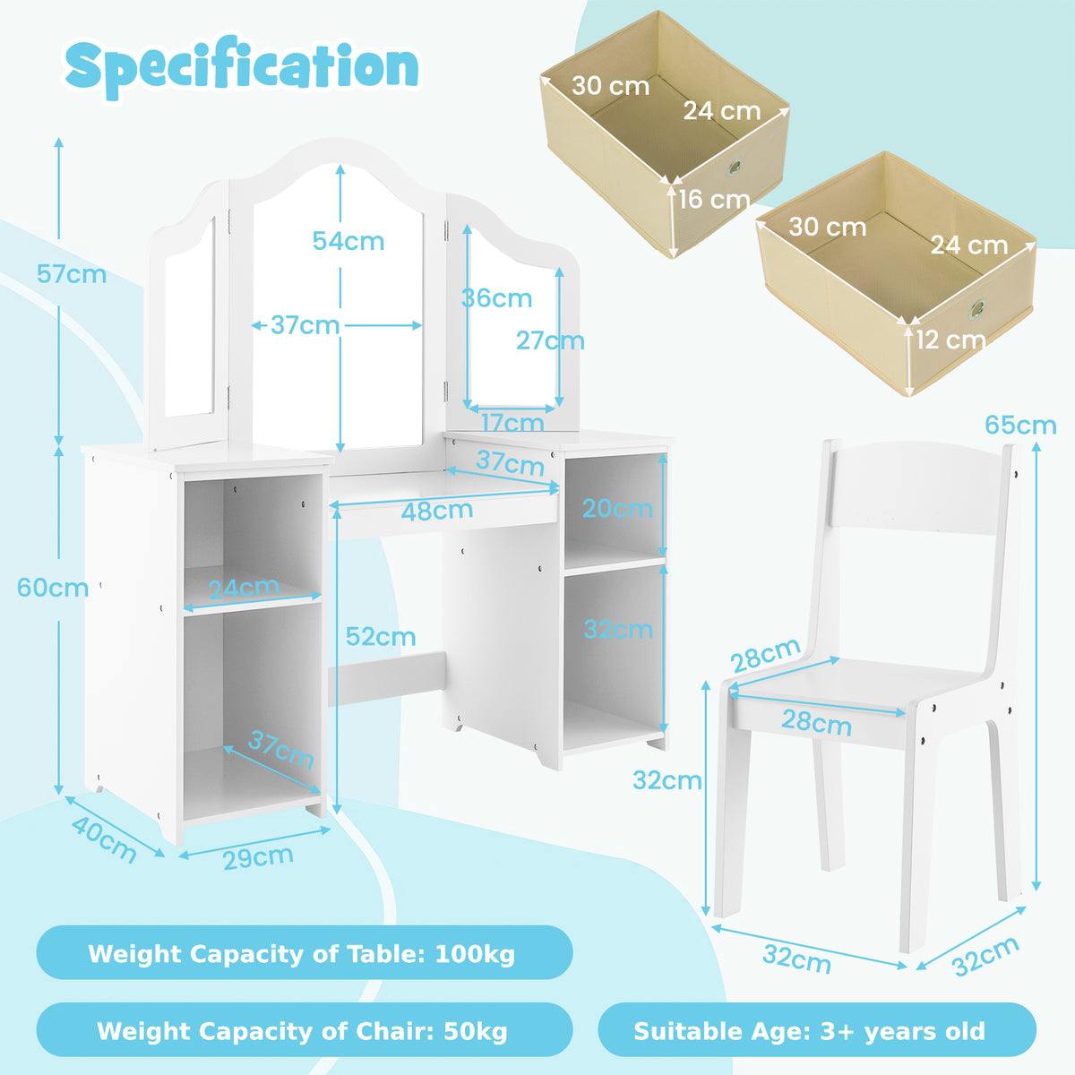 Kids Vanity Table and Chair Set with 3 Removable Mirrors and 4 Storage Bins for Children-White